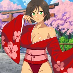 Rule 34 | 1girl, blue sky, breasts, brown hair, challengia, cloud, cloudy sky, collarbone, dark-skinned female, dark skin, day, honchan, japanese clothes, kimono, large breasts, looking at viewer, nchans, nchans style, obi, official art, orcaleon, red kimono, red obi, sash, short hair, sky, smile, torii