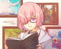 Rule 34 | 1girl, black-framed eyewear, black shirt, book, closed mouth, collared shirt, colored inner hair, commentary request, dated, drawing (object), drrr-shizu0304, fate/grand order, fate (series), glasses, grey jacket, hair over one eye, hands up, holding, holding book, hood, hooded jacket, jacket, long sleeves, looking at object, mash kyrielight, multicolored hair, open book, pink hair, purple eyes, purple hair, reading, semi-rimless eyewear, shirt, short hair, smile, solo, two-sided fabric, two-sided jacket, upper body, white jacket