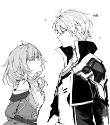Rule 34 | 1boy, 1girl, ?, absurdres, chinese commentary, commentary request, cyrene (honkai: star rail), dress, from side, greyscale, highres, honkai: star rail, honkai (series), honkai impact 3rd, jacket, kevin kaslana, looking at another, monochrome, shirt, short hair, sweatdrop, translation request, wy45030