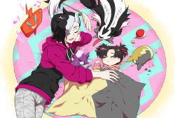 1boy 1girl aged_down alternate_costume black_hair blush brother_and_sister closed_eyes commentary_request eyelashes from_above galarian_form galarian_linoone gen_4_pokemon gen_8_pokemon hair_ribbon hood hoodie kurobe_sclock long_sleeves lying marnie_(pokemon) morpeko morpeko_(full) musical_note nintendo on_side open_mouth pants parted_bangs piers_(pokemon) pink_hoodie poke_ball poke_ball_(basic) pokemon pokemon_(creature) pokemon_swsh purple_hoodie red_ribbon ribbon rotom rotom_phone rug siblings sleeping teeth toxel under_covers