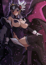 1girl absurdres aoi_tabane bare_shoulders black_gloves black_thighhighs braid breasts corruption cosplay covered_navel crossed_legs dark_persona demon_girl demon_tail demon_wings gloves grey_hair hand_on_own_knee helmet highres kouyoku_senki_exs-tia large_breasts lenneth_valkyrie long_hair looking_at_viewer luxuria_(kouyoku_senki_exs-tia) pasties purple_eyes revealing_clothes sitting smile solo tail thighhighs valkyrie valkyrie_profile_(series) very_long_hair winged_helmet wings