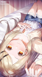 Rule 34 | 1girl, a sayu, absurdres, artist name, bed sheet, belt, black belt, blonde hair, breasts, camisole, closed mouth, coat, collarbone, colored eyelashes, denim, denim shorts, feet out of frame, fingernails, flipped hair, gakuen idolmaster, gradient hair, grey hair, hair ornament, hairclip, hand on own chest, highres, idolmaster, indoors, knees up, long hair, long sleeves, looking at viewer, lying, multicolored hair, on back, orange eyes, orange ribbon, parallel hairclips, ribbon, rope belt, shinosawa hiro, short shorts, shorts, small breasts, solo, twitter username, upside-down, very long hair, watermark, white camisole, white coat