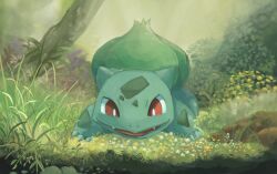 Rule 34 | animal focus, bright pupils, bulbasaur, claws, flower, forest, full body, gen 1 pokemon, grass, looking at viewer, nature, nintendo, no humans, nostrils, open mouth, outdoors, pokemon, pokemon (creature), purple flower, red eyes, solo, volpecorvo, white flower, white pupils, yellow flower