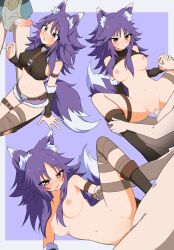 1boy 1girl absurdres animal_ear_fluff animal_ears arm_belt arm_strap belt blush breasts censored clothes_lift criss-cross_halter fur-trimmed_shorts fur_trim halterneck hetero highres holding_hands large_breasts long_hair luke_(b10a3123m) lying makoto_(princess_connect!) mosaic_censoring navel nipples nose_blush on_side open_mouth penis_awe princess_connect! purple_hair purple_shorts pussy_juice sex shirt_lift shorts sidelocks simple_background solo_focus spread_legs tail thigh_belt thigh_strap vaginal wolf_ears wolf_girl wolf_tail yellow_eyes