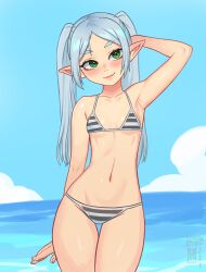 1girl absurdres arm_behind_head arm_up armpits bare_arms bare_legs bare_shoulders bikini blue_sky blush breasts collarbone commentary cowboy_shot day elf english_commentary frieren green_eyes grey_hair groin head_tilt highres looking_at_viewer navel ocean outdoors parted_bangs pointy_ears sky small_breasts smile solo sousou_no_frieren stomach striped_bikini striped_clothes swimsuit thigh_gap twintails watcher_hollow