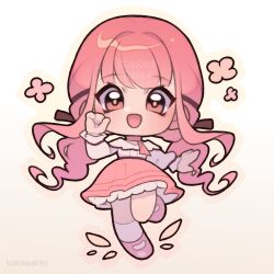 1girl absurdres artist_name belt black_belt black_bow black_ribbon blush_stickers bow brown_eyes chibi choker eyelashes flower frilled_shirt frilled_skirt frilled_sleeves frills gradient_background hair_bow hair_ribbon hand_up happy high-waist_skirt highres infinity_nikki kneehighs kokoneakita light_blush long_hair long_sleeves low_twintails mary_janes miniskirt neck_ribbon nikki_(nikki) nikki_(series) notice_lines off-shoulder_shirt off_shoulder open_mouth outline perfect_start_(infinity_nikki) pink_choker pink_flower pink_hair pink_ribbon pink_shoes pink_skirt puffy_long_sleeves puffy_sleeves ribbon ribbon_choker shirt shoes sidelocks single_stripe skirt smile socks solo striped_choker striped_ribbon tareme tress_ribbon twintails very_long_hair white_background white_shirt white_socks yellow_background yellow_outline