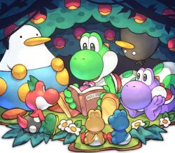 1boy baby_yoshi bird blank_eyes blue_skin blue_yoshi book boots bush colored_skin commentary_request flower food fruit furry furry_male furry_with_furry green_footwear green_skin grey_eyes highres holding holding_book huffin_puffin lizard_tail mario_(series) md5_mismatch mini-yoshi multicolored_skin nintendo nostrils open_book open_mouth orange_boots outdoors paper_mario paper_mario:_the_thousand_year_door pink_skin polka_dot_pants purple_eyes purple_skin purple_yoshi raphael_the_raven reading red_footwear red_skin red_yoshi reptile_boy resolution_mismatch shadow sitting source_smaller tail thorns upside-down yanedx yellow_skin yellow_yoshi yoshi yoshi_egg