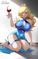 Rule 34 | 1girl, achromaru, alcohol, alternate breast size, bare shoulders, blonde hair, blue eyes, blush, breasts, crown, cup, dress, drinking glass, earrings, hair over one eye, holding, jewelry, large breasts, long hair, looking at viewer, mario (series), nintendo, open mouth, rosalina, simple background, smile, solo, star (symbol), star earrings, super mario galaxy, wine, wine glass