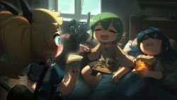 1boy 2girls :d absurdres bed blonde_hair blue_eyes blue_hair blush closed_eyes cressey_(porforever) cross cross_earrings earrings erynn_(porforever) fantasy freckles green_hair healing highres indoors jewelry mortar_(bowl) multiple_girls on_bed open_mouth original pestle pointy_ears porforever sick smile sweatdrop twintails under_covers wallace_(porforever)