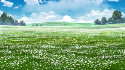 blue_sky cloud cloudy_sky day flower forest grass haze highres hill meadow mountainous_horizon nature non-web_source official_art our_life:_beginnings_and_always outdoors poppy_(flower) scenery sky too_many_flowers tree