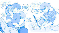 1boy 1girl 1other baby bed_sheet blue_theme blush book breasts cleavage closed_eyes collared_shirt commentary couple denim earrings english_commentary english_text eyewear_on_head father_and_child feet_out_of_frame flipped_hair flying_sweatdrops holding holding_book hug hug_from_behind if_they_mated jeans jewelry looking_at_another lying medium_breasts medium_hair mother_and_child multiple_views on_back open_book open_mouth paaaatchieee pacifier pants parted_lips persona persona_3 pillow ring shirt short_hair short_sleeves signature sitting sitting_between_lap sitting_on_lap sitting_on_person smile speech_bubble striped_clothes striped_shirt stud_earrings sunglasses sweat sweatdrop takeba_yukari yuuki_makoto_(persona_3)