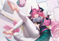 +_- 1girl absurdres arknights arknights:_endfield ass barefoot black_gloves black_horns black_tail breasts commentary commission cone_hair_bun diamond_in_eye english_commentary feet gloves hair_bun hair_intakes hair_on_horn highres horns index_finger_raised large_breasts large_tail legs long_hair long_sleeves looking_at_viewer midriff multicolored_horns navel one_eye_closed open_mouth pants pink_gloves pink_horns puffy_long_sleeves puffy_sleeves purple_eyes see-through_clothes see-through_sleeves smile solo sparkling_eyes tail toes two-tone_gloves two-tone_horns uof very_long_hair white_pants yvonne_(arknights)