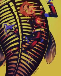 1boy absurdres aotsuki_eito bleeding_from_mouth blood blood_from_mouth eyeball glasses gloves highres impaled last_defense_academy_school_uniform long_sleeves male_focus one-eyed open_mouth simple_background solo the_hundred_line_-last_defense_academy- white_gloves yellow_background
