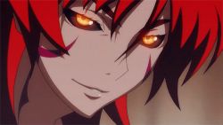 1girl amaha_masane animated animated_gif black_sclera blurry breathing close-up colored_sclera demon_girl depth_of_field eyebrows female_focus glowing glowing_eyes lowres markings monster_girl red_hair screencap smile smoke solo steam teeth witchblade yellow_eyes