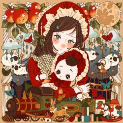 1girl animal blush bonnet bow brown_hair closed_mouth cloud doll eyelashes flower food fruit full_body green_bow green_eyes highres holding holding_doll leaf long_sleeves looking_at_viewer moon mtirn3373 nose_blush original red_bonnet sheep solo square star_(symbol) swept_bangs tears toy upper_body white_flower