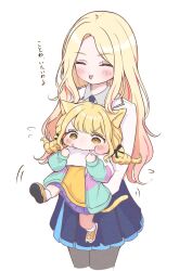 2girls ^_^ animal_ears biting blonde_hair blue_overskirt blue_skirt blush braid cat_ears cat_tail closed_eyes cropped_legs deformed fangs fujita_kotone gakuen_idolmaster grey_pantyhose hatsuboshi_gakuen_school_uniform highres idolmaster jacket juo_sena kemonomimi_mode lifting_person long_hair maruno_zzz multicolored_hair multicolored_jacket multiple_girls pantyhose pink_hair school_uniform shirt simple_background skirt smile streaked_hair tail translated twin_braids two-tone_hair very_long_hair white_background white_jacket yellow_shirt