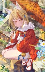 1girl animal_ears blue_flower fire_emblem fire_emblem_fates flower fox_ears fox_girl fox_tail fur-trimmed_kimono fur_trim fuussu_(21-kazin) hair_ornament holding holding_umbrella japanese_clothes kimono kitsune kneeling light_blush looking_at_viewer multicolored_hair nintendo open_mouth parasol selkie_(fire_emblem) socks solo stairs stone_stairs streaked_hair tail thigh_strap tiptoes two-tone_hair umbrella white_socks yellow_eyes