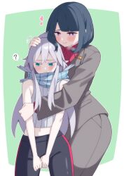 2girls 85neko black_hair black_pants blue_eyes commentary_request deux_murasame green_background grey_hair grey_jacket gundam gundam_gquuuuuux heart highres hug hug_from_behind jacket long_hair multiple_girls pants purple_eyes red_shirt scarf shiiko_sugai shirt short_hair sleeveless sleeveless_shirt