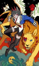 2girls absurdres animal animal_ears black_hair black_shorts boots cloud crescent_moon flower flying full_body furry furry_female grin high_heel_boots high_heels highres lion looking_at_viewer momomo_906 moon mouse_girl multiple_girls necktie original rain red_eyes ringed_eyes rose sharp_teeth shirt shorts smile solo tail teeth thigh_boots white_shirt winged_animal wolf_ears wolf_girl wolf_tail