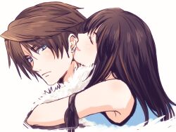 1boy 1girl arm_around_neck arm_ribbon bare_shoulders black_hair black_ribbon blue_cardigan blue_eyes brown_hair cardigan closed_eyes closed_mouth couple earrings final_fantasy final_fantasy_viii fur-trimmed_jacket fur_trim hair_between_eyes hetero jacket jewelry kissing_ear light_blush long_hair multicolored_hair parted_bangs ribbon riku_note912 rinoa_heartilly scar scar_on_face scar_on_forehead short_hair single_earring smile squall_leonhart streaked_hair white_background white_fur