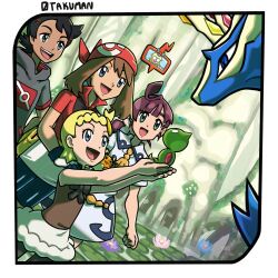 Rule 34 | 3girls, :d, absurdres, age difference, arms up, artist name, bike shorts, bike shorts under skirt, black hair, blonde hair, blue eyes, blue shorts, bonnie (pokemon), brown hair, brown shirt, clemont (pokemon), cross-shaped pupils, dedenne, dress, forest, gen 6 pokemon, goh (pokemon), green eyes, grey jacket, hands on another&#039;s shoulders, height difference, highres, hood, hood down, hooded jacket, jacket, legendary pokemon, minikon, multiple girls, nature, nintendo, on shoulder, open mouth, otakuman, outdoors, pokemon, pokemon (anime), pokemon (creature), pokemon journeys, pokemon on shoulder, pokemon rse (anime), pokemon xy (anime), red jacket, shirt, short dress, short hair, short sleeves, shorts, skirt, smile, symbol-shaped pupils, twintails, white dress, white skirt, xerneas, zygarde, zygarde core