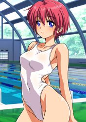 1girl absurdres ahoge arms_behind_back blue_eyes breasts commentary_request competition_swimsuit covered_navel cowboy_shot highleg highleg_one-piece_swimsuit highres hinomoto_hikari indoors medium_breasts mole mole_under_eye one-piece_swimsuit racerback red_eyes short_hair smile solo standing swimsuit tokimeki_memorial tokimeki_memorial_2 white_one-piece_swimsuit yuuyuu_(3jjbn)