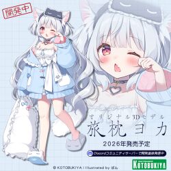 1girl ;&lt; animal_ear_fluff animal_ears blue_background blue_jacket blush breasts commentary_request dress fang frilled_pillow frills grey_hair grid_background hand_up holding holding_pillow jacket kotobukiya kotobukiya_bishoujo long_sleeves mask mask_on_head off_shoulder open_clothes open_jacket open_mouth pan_(mimi) pillow puffy_long_sleeves puffy_sleeves red_eyes rubbing_eyes shoe_soles sleep_mask sleeves_past_wrists slippers small_breasts solo strap_slip tail translation_request triangle_mouth walking white_dress white_slippers zoom_layer