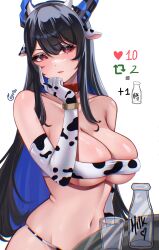 1girl absurdres animal_print asymmetrical_horns ayrinsama bare_shoulders bikini black_bikini black_hair black_horns black_tube_top blue_hair breasts cleavage cow_print cow_print_bikini elbow_gloves gloves highres hololive hololive_english horns large_breasts long_hair multicolored_hair navel nerissa_ravencroft print_bikini print_gloves simple_background solo strapless swimsuit tube_top twitter_strip_game_parody two-tone_hair two-tone_tube_top uneven_horns upper_body virtual_youtuber white_background white_bikini white_tube_top