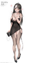 Rule 34 | 1girl, absurdres, ahoge, animal ears, artist name, bag, bilibili logo, black dress, black hair, black nails, black pantyhose, black shoes, blush, breasts, cleavage, commentary, covered navel, curvy, dress, full body, heart, high heels, highres, holding, holding bag, large breasts, long hair, multicolored hair, nail polish, open mouth, original, pantyhose, pixiv id, pixiv logo, shoes, simple background, solo, streaked hair, torn clothes, torn pantyhose, twitter x logo, v, v over head, very long hair, watermark, weibo watermark, white background, white hair, yellow eyes, yuxing yuhang