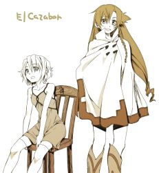 00s 2girls bare_shoulders boots braid cape copyright_name el_cazador_de_la_bruja ellis ellis_(el_cazador_de_la_bruja) long_hair monochrome multiple_girls nadie short_hair sitting standing tsuta_no_ha