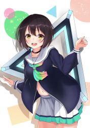 1girl absurdres ascot bad_id bad_pixiv_id black_choker black_hair blue_jacket blush choker commentary_request female_focus floating floating_object gradient_ascot hair_between_eyes highres jacket kazanock long_sleeves looking_at_viewer multicolored_ascot navel open_clothes open_shirt pictoria pleated_skirt rainbow_neckwear short_hair skirt smile solo towa_kiseki triangle virtual_youtuber white_skirt yellow_eyes
