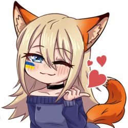 1girl animal_ears black_choker blonde_hair blue_eyes blue_sweater blush choker facepaint fox_ears fox_girl fox_tail hair_between_eyes heart henna_(hentaiukr) hentaiukr korzynka_persykiv long_hair non-web_source off_shoulder one_eye_closed own_hands_together shiny_eyes smile solo sticker sweater tail transparent_background ukrainian_flag