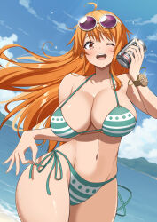 1girl beach beer_can bikini blush breasts can cleavage curvy drink_can green_bikini highres kojirou! large_breasts legs long_hair looking_at_viewer nami_(one_piece) navel ocean one_eye_closed one_piece open_mouth orange_eyes orange_hair pulling_own_clothes side-tie_bikini_bottom smile strap_pull sunglasses_on_head swimsuit teasing teeth thighs tongue water wink