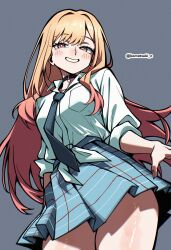 absurdres artist_name black_choker blonde_hair blue_necktie blue_skirt blush breasts choker colored_tips cowboy_shot dress_shirt fingernails from_below gradient_hair grey_background grin gyaru hair_intakes highres kitagawa_marin komatsuki_n long_fingernails long_hair long_sleeves looking_at_viewer loose_necktie medium_breasts multicolored_hair necktie partially_unbuttoned pink_hair plaid_clothes plaid_skirt pleated_skirt red_eyes school_uniform shirt simple_background skirt sleeves_rolled_up smile sono_bisque_doll_wa_koi_wo_suru swept_bangs teeth thighs tied_shirt twitter_username very_long_hair white_shirt