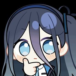 Rule 34 | 1girl, :|, animated, animated gif, aqua eyes, aqua necktie, aris (blue archive), black jacket, blinking, blue archive, blue hair, blue hairband, blue jacket, blush stickers, chibi, chunye haruya, closed mouth, collared shirt, disembodied hand, dot nose, hair between eyes, hairband, hand on own chin, jacket, long bangs, long hair, long hair between eyes, lowres, multicolored jacket, necktie, one side up, open clothes, open jacket, school uniform, second-party source, shirt, simple background, solo, stroking own chin, thinking, transparent background, upper body, white jacket, white shirt