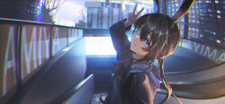 Rule 34 | 1girl, absurdres, amiya (arknights), animal ears, arknights, arm up, ascot, black ascot, black jacket, blue eyes, brown hair, chromatic aberration, closed mouth, hair between eyes, highres, jacket, long hair, long sleeves, looking at viewer, rabbit ears, smile, solo, upper body, v, yukkuri (user ffuh5727)
