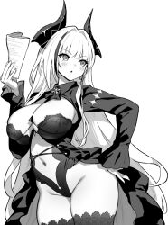 1girl admiral_zenker_(azur_lane) azur_lane azur_lane:_slow_ahead breasts cleavage dress earrings greyscale hand_on_own_hip holding holding_paper hori_(hori_no_su) horns jewelry large_breasts long_sleeves monochrome navel official_art paper simple_background solo thighhighs white_background