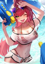 Rule 34 | 1girl, absurdres, bikini, blue sky, blush, breasts, cleavage, cloud, eyewear on head, heart, heart-shaped eyewear, highres, holding, holding water gun, hololive, houshou marine, houshou marine (summer), large breasts, navel, official alternate costume, one eye closed, open mouth, ponytail, red bikini, scarf (50464982), see-through clothes, see-through shirt, shirt, shorts, sky, sunglasses, swimsuit, virtual youtuber, water, water gun, white shirt, white shorts, yellow eyes