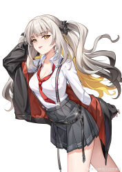 1girl absurdres black_jacket breasts cleavage collared_shirt fate/grand_order fate_(series) flower gradient_hair grey_hair grey_skirt hair_flower hair_ornament highres jacket long_hair long_sleeves looking_at_viewer marie_antoinette_(fate) marie_antoinette_alter_(fate) medium_breasts multicolored_hair multicolored_jacket necktie off_shoulder red_jacket school_uniform shenqi_xiao_hong_zai_nali shirt sidelocks skirt smile solo suspender_skirt suspenders thighs tongue tongue_out two-tone_jacket white_hair white_shirt yellow_eyes