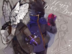 Rule 34 | 1other, 2boys, animal head, aoruuto, black coat, black fire, black gloves, black pants, black shirt, blue cape, box, box of chocolates, bug, butterfly, cape, coat, der freischuetz (project moon), extra arms, fire, flaming eyes, flaming head, funeral of the dead butterflies, gloves, gold trim, grey background, happy white day, highres, insect, lobotomy corporation, long sleeves, looking at viewer, male focus, multiple boys, pants, project moon, purple ribbon, ribbon, shirt, simple background, single extra arm, the silent orchestra, upper body, white butterfly, white shirt