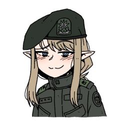 1girl :3 beret blonde_hair blue_eyes blush commentary elf english_commentary green_hat green_jacket hat high_collar jacket jitome karepack lowres military original patch pointy_ears ringed_eyes simple_background smug solo upper_body white_background