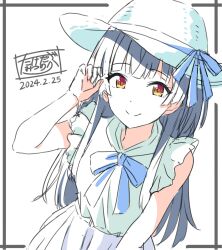 1girl :&gt; absurdres aqua_shirt bare_shoulders black_hair blue_bow blue_bowtie blue_skirt blunt_bangs blush bow bowtie brown_eyes closed_mouth cowboy_shot dated dot_nose dutch_angle hand_up hat hat_bow highres idolmaster idolmaster_shiny_colors kousin long_hair looking_at_viewer mayuzumi_fuyuko shirt signature simple_background skirt sleeveless sleeveless_shirt smile solo straw_hat tucking_hair white_background