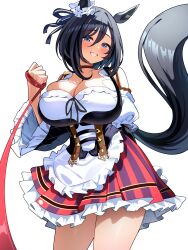 1girl absurdres animal_ears apron bare_shoulders black_hair blue_eyes bob_cut breasts choker cleavage ear_ornament ear_scrunchie eishin_flash_(umamusume) german_clothes hair_between_eyes highres holding horse_ears horse_girl horse_tail large_breasts long_sleeves looking_at_viewer medium_hair red_choker scrunchie simple_background skirt smile smoke_klll solo striped_clothes striped_skirt tail umamusume vertical-striped_clothes vertical-striped_skirt waist_apron white_apron white_background white_scrunchie