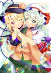 2girls black_hat blonde_hair blush bow brown_bow brown_shoes closed_mouth collared_shirt commentary_request commission cosplay costume_switch crystal flandre_scarlet flandre_scarlet_(cosplay) floral_print frilled_skirt frilled_sleeves frills green_eyes green_hair green_skirt hat hat_bow heart heart_of_string hug hug_from_behind komeiji_koishi komeiji_koishi_(cosplay) kou_hiyoyo mob_cap multiple_girls one_eye_closed pointy_ears print_skirt puffy_short_sleeves puffy_sleeves purple_eyes red_bow red_skirt red_vest rose_print shirt shoes short_sleeves skeb_commission skirt skirt_set smile third_eye touhou vest white_hat white_shirt wide_sleeves wings
