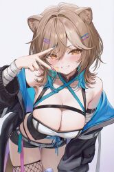 1girl animal_ears arm_belt armpits bandaged_arm bandages bare_shoulders belt bent_over black_jacket black_shirt black_shorts blue_hair breasts brown_hair cleavage commentary commission cowboy_shot criss-cross_halter crop_top english_commentary fishnet_thighhighs fishnets foame grin hair_ornament hairclip halterneck hand_up hazumi_aileen highleg highres indie_virtual_youtuber jacket large_breasts lion_ears long_hair long_sleeves looking_at_viewer micro_shorts midriff mole mole_on_breast multicolored_hair nail_polish navel off_shoulder open_clothes open_jacket orange_eyes panty_straps second-party_source shirt shorts simple_background single_thighhigh sleeveless sleeveless_shirt smile solo thighhighs thighs two-tone_hair v virtual_youtuber white_background
