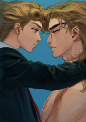 2boys absurdres arm_on_another&#039;s_shoulder blue_background collared_shirt dio_brando earrings eye_contact father_and_son from_side giorno_giovanna green_eyes green_jacket highres implied_incest jacket jewangchobab jewelry jojo_no_kimyou_na_bouken long_hair looking_at_another male_focus multiple_boys necktie red_eyes red_necktie scar scar_on_neck shirt simple_background stardust_crusaders topless_male vento_aureo victory_rolls white_shirt