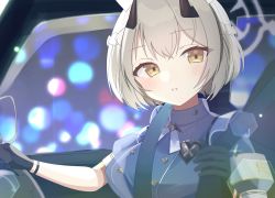 1girl armband bad_id bad_twitter_id black_gloves blue_archive blue_dress blurry blush bokeh braid breasts depth_of_field dress gloves grey_hair halo hat highres horns kaerunrun orange_eyes parted_lips seat seatbelt sena_(blue_archive) short_hair short_sleeves sitting solo upper_body vehicle_interior white_hat