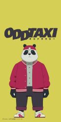 Rule 34 | 1boy, animal ears, black fur, black pants, closed eyes, closed mouth, commentary request, copyright logo, copyright name, english text, fukumoto daichi (odd taxi), grey shirt, highres, jacket, male focus, mugicaan1, odd taxi, official art, panda boy, panda ears, pants, red footwear, red jacket, second-party source, shirt, solo, standing, white fur, white hair, yellow background