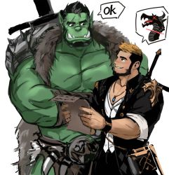 2boys bara bare_pectorals beard colored_skin dopey_(dopq) english_text eye_contact facial_hair fangs fantasy fur green_skin highres large_pectorals looking_at_another male_focus mature_male monster_boy multiple_boys muscular muscular_male orc original paid_reward_available pectorals scar scar_across_eye scar_on_chest scar_on_face scar_on_nose short_hair size_difference sword sword_on_back thick_eyebrows warrior weapon weapon_on_back