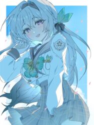 1girl black_ribbon blush bow bowtie buttons checkered_bow checkered_bowtie checkered_clothes checkered_skirt double-breasted firefly_(honkai:_star_rail) firefly_(spring_missive)_(honkai:_star_rail) gradient_eyes green_bow green_bowtie green_pupils grey_hair grey_sailor_collar hair_between_eyes hair_intakes hair_ornament hair_ribbon hanaomaru1 hand_in_own_hair highres honkai:_star_rail honkai_(series) long_hair multicolored_eyes open_mouth plaid_bow plaid_bowtie plaid_clothes ribbon sailor_collar shirt skirt smile solo teeth upper_teeth_only white_shirt